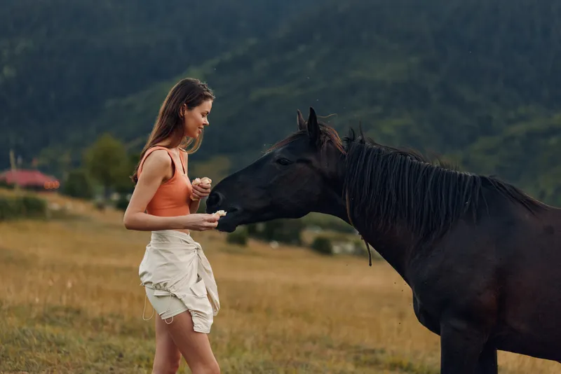 A young woman in casual attire feeds a horse in a grassy field, sharing a quiet, intimate moment. The scene conveys trust, harmony, and a gentle human?animal connection.