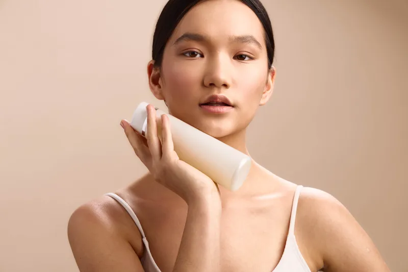Asian woman holds a skincare bottle to her ear in a minimal studio, creating a calm, focused moment that emphasizes self care and quiet confidence in a clean setting.