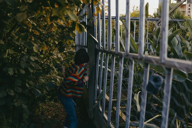 7-year-old boy child in a striped sweater peeking through a metal gate into an urban garden, curious expression, casual outfit and jeans, leaning among dense foliage at golden hour, candid lifestyle.