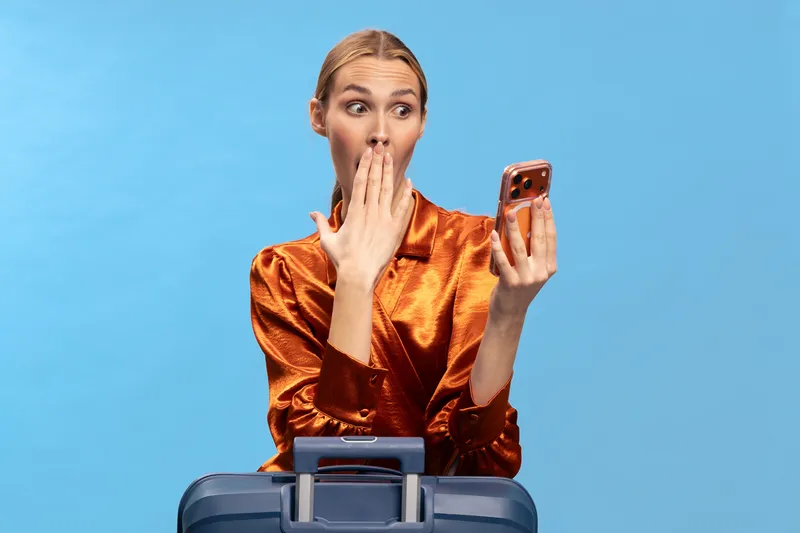 Surprised woman in orange blouse looks at smartphone with hand covering mouth. Blue background and suitcase in foreground. Concept of travel shock and unexpected news on mobile device.