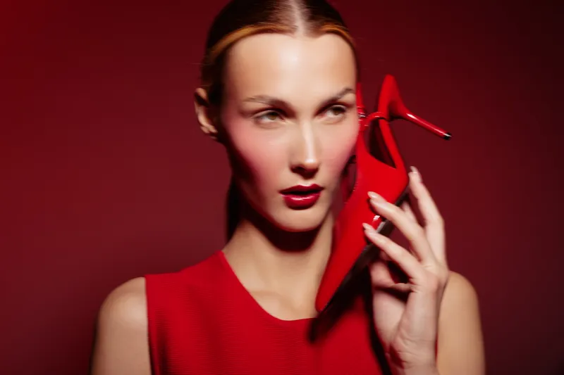 Fashion model in red dress holds red high heel shoe near face against red background. Concept of style, elegance, and bold color contrast in fashion photography.
