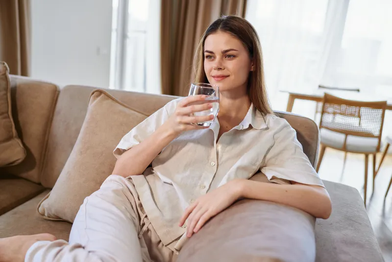 Woman on couch drinking a glass of water at home, relaxed and comfortable in livingroom, casual outfit, leisure moment, wellness and hydration during quiet afternoon.
