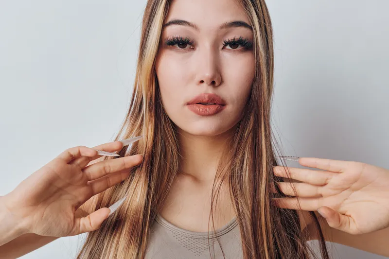 Young woman with long hair and natural makeup posing with hands near face against white background for beauty, portrait, style, fashion, and skincare concept.