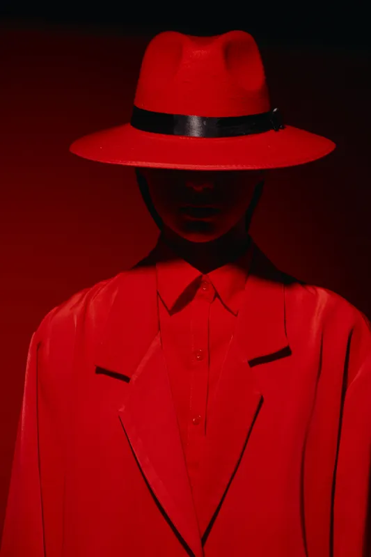 Abstract fashion portrait of a woman wearing a wide brimmed hat and coat, both vibrant red. Dramatic shadows obscure her face, creating mysterious chic style for creative beauty.