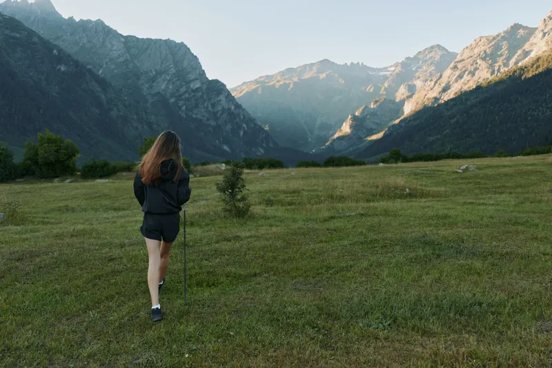 A lone hiker walks across a wide grassy meadow toward distant jagged mountains, while warm sunlight highlights the flora and creates a tranquil, expansive landscape.