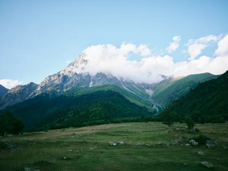 Mountain landscape with green meadow in foreground, forested slopes and dramatic clouds above rugged peaks, wide valley scene perfect for nature travel and outdoor exploration