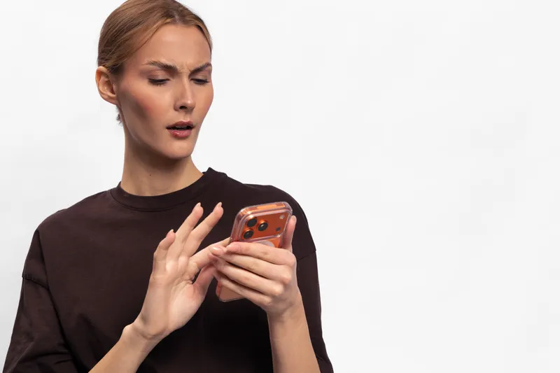 Surprised woman in dark sweater looks confused while holding smartphone with orange case. White background highlights her reaction. Concept for technology, communication, and misunderstanding.