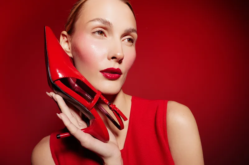 Close-up of a woman with red lipstick holding a red high heel shoe near her face. Red background and red dress create a bold fashion concept with strong color contrast and style.
