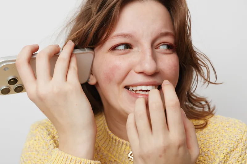 Smiling young woman with short hair holds smartphone near ear and bites fingernail. Casual yellow sweater and natural makeup. Concept of communication, nervousness, and candid emotions.
