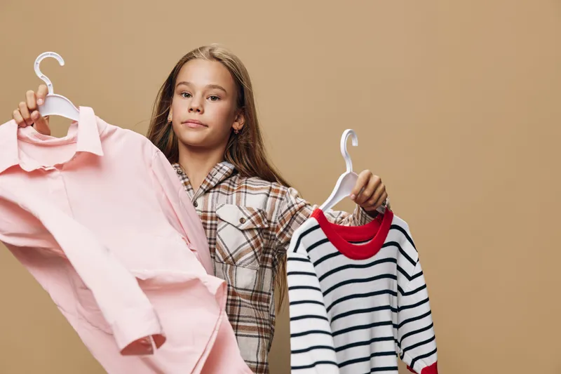 Girl holding two shirts on hangers comparing pink and striped clothes for casual fashion choice in studio with beige background and serious expression.