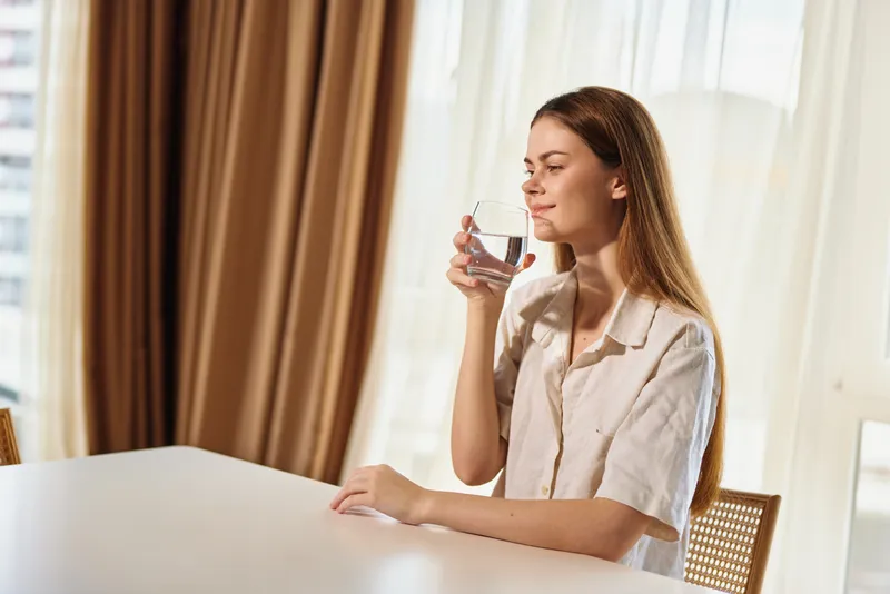 Woman drinking water from a glass at a table in a bright home, relaxed and smiling during morning sunlight, casual interior scene focused on hydration, natural routine and peaceful moment.