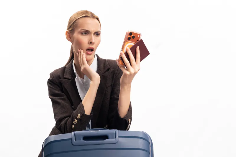Surprised woman in business attire holds phone and passport near suitcase, expressing shock during travel. Concept of travel problems, delays, and unexpected issues at airport or trip.