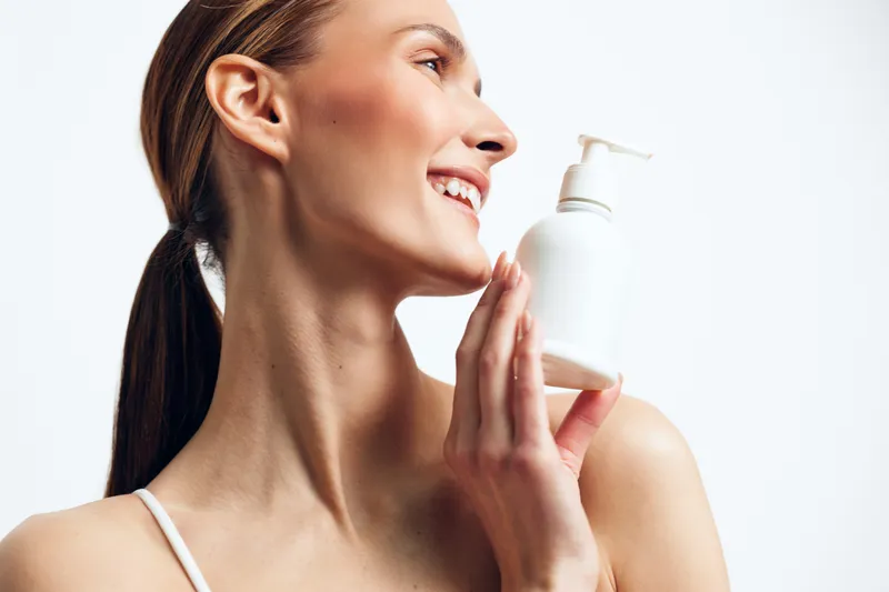 A smiling young woman with clear skin holds a white lotion bottle near her face against a plain white background. Concept for skincare, beauty, health, and personal care routine.