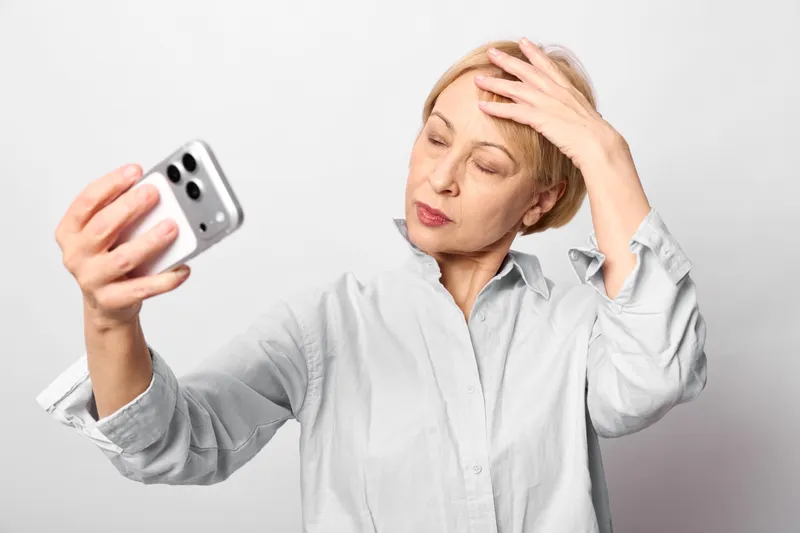 Elderly woman with smartphone for selfie, headache migraine stress, eyes squeezed, one hand on forehead, grimace of pain, isolated on plain background