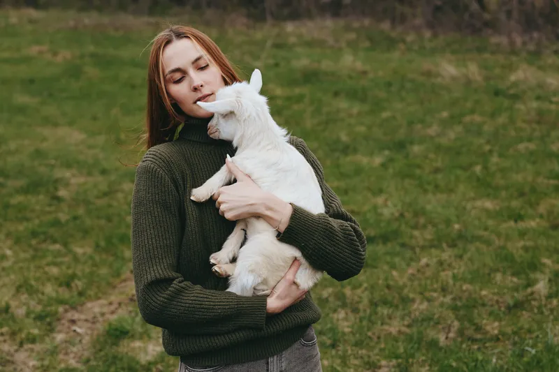 Caring woman in a dark green sweater holds a white goat kid in a sunny meadow, sharing a tender moment, showing rural lifestyle and a strong bond with animals outdoors