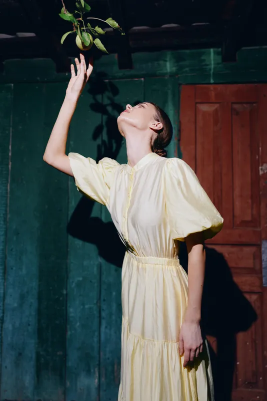 woman reaching toward a leafy plant indoors wearing a flowing yellow dress, soft lighting highlights her pose as she admires nature in a quiet room with muted colors and wood accents