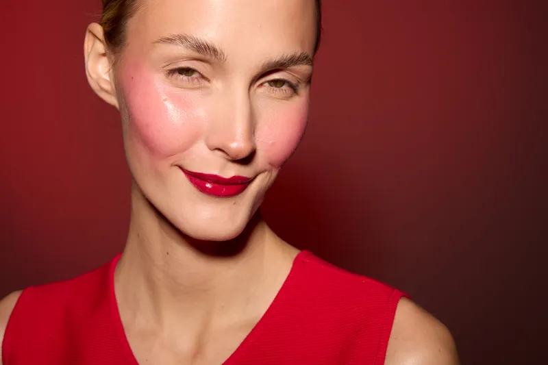 Close-up of a smiling woman with glossy red lips and bright pink blush on cheeks wearing a red top against a red background. Concept of makeup, beauty, and fashion.