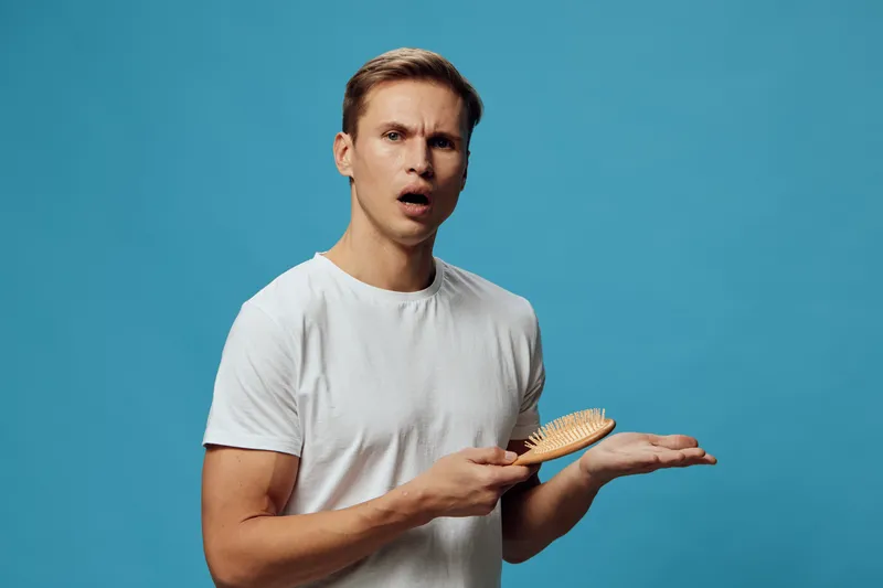 Young man with surprised expression holding hairbrush in hand, wearing casual white t-shirt, isolated on bright blue background, studio portrait. People emotion concept