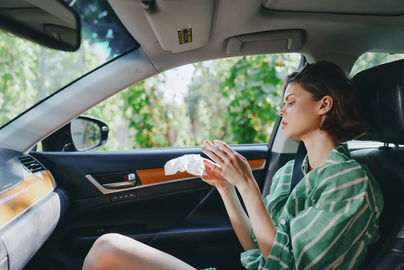 Woman seated in car interior, wiping lips with a tissue, casual striped shirt, daytime light and greenery outside.