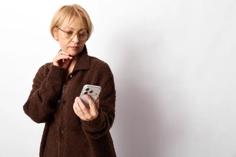 Senior woman with glasses in a brown coat holding a smartphone for communication on a white background Concentration shows everyday tech use and calm studio portrait