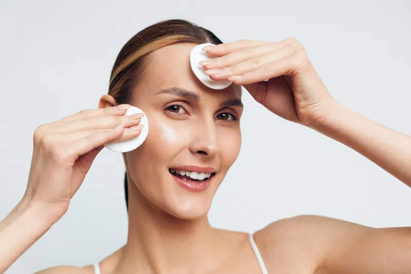 Smiling woman with clear skin removing makeup with cotton pads on white background. Concept of skincare, beauty routine, cleansing, and natural care. Soft lighting highlights fresh complexion.