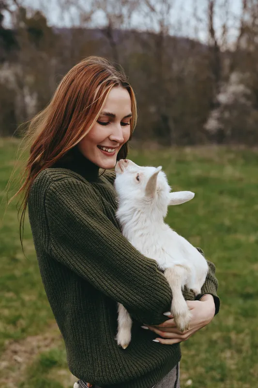 Goat, kid, woman, outdoors, lifestyle, animal in a sunlit meadow a loving moment as the woman holds the fluffy goat and smiles, showing tender bond and gentle affection in natural light.
