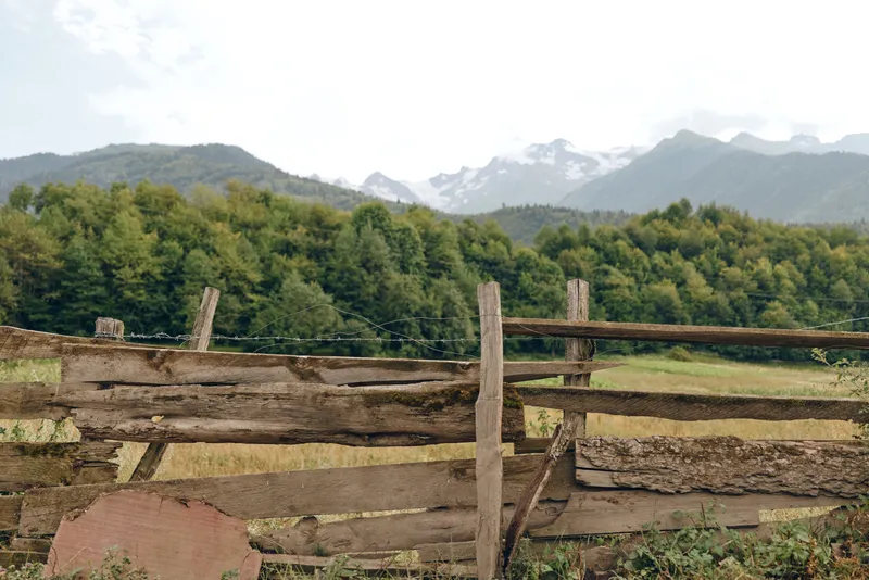 Fence field forest mountains in a rural countryside landscape with wooden fence and sky