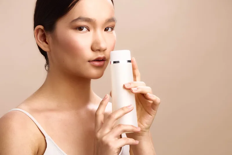 asian woman holds a cosmetic bottle in a closeup portrait, soft lighting highlights smooth skin, tranquil expression, and a clean modern setup for a beauty product showcase.