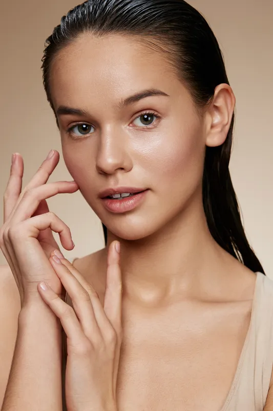 A close up portrait of a young female model with smooth skin and natural makeup, showcasing beauty, confidence, and a soft expression against a neutral background