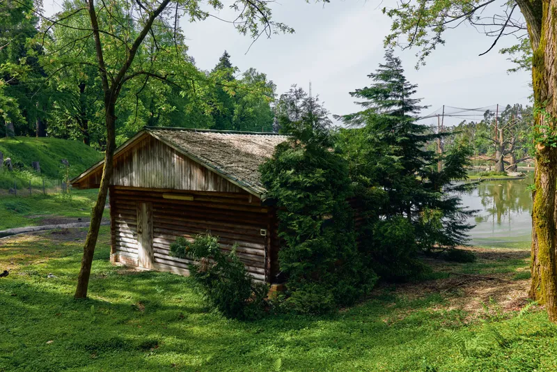 Boathouse cabin by a quiet lake surrounded by trees and nature, rustic wooden structure on grassy shore with pond reflections, shaded serene landscape for outdoor relaxation.