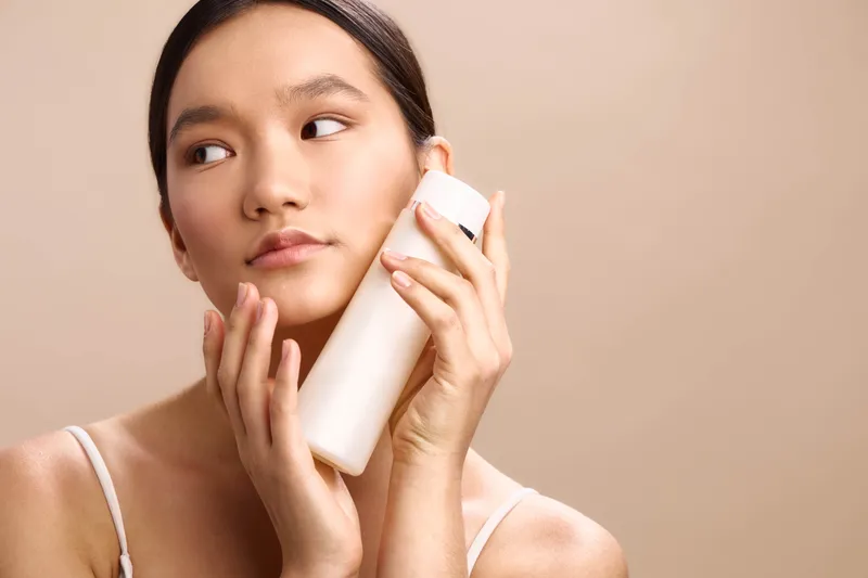 asian woman gracefully holds a cosmetic bottle near her face in a soft studio setting, conveying a calm skincare moment that highlights beauty, focus, and selfcare.