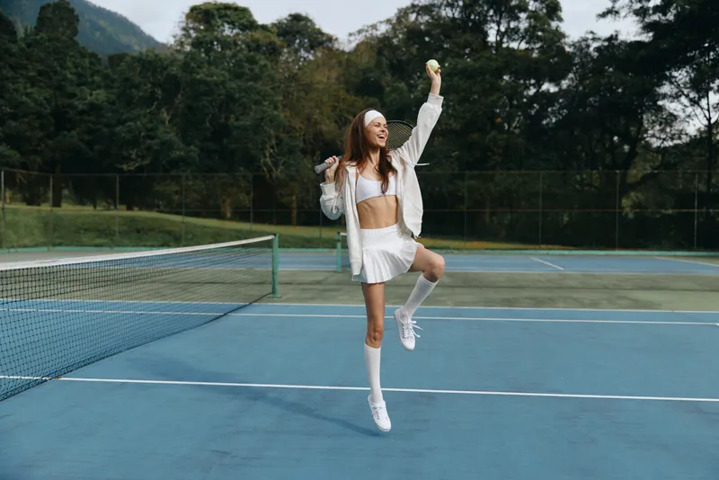 Young athletic woman playing tennis outdoors, wearing sporty attire, smiling joyfully on blue court with greenery background