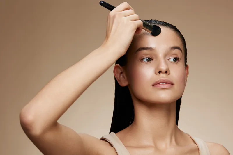 Young woman applying makeup with a brush, showcasing natural beauty and elegance against a soft, neutral background, perfect for beauty and skincare concepts