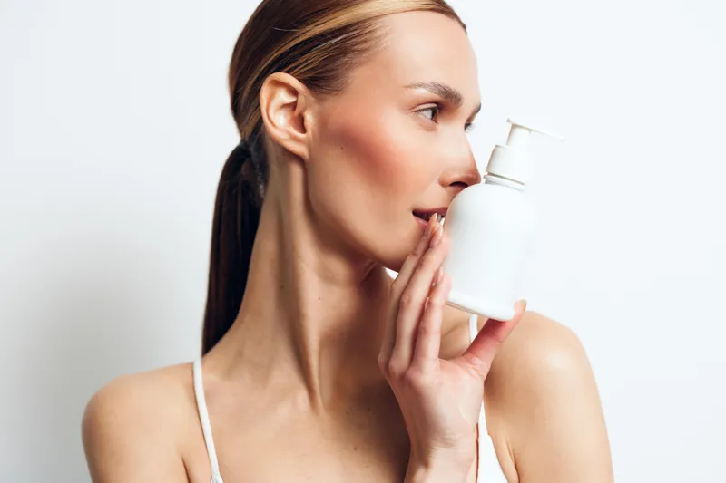 Young woman with clear skin holds white cosmetic bottle near face, posing on white background, demonstrating skincare product, natural beauty concept, healthy lifestyle image.