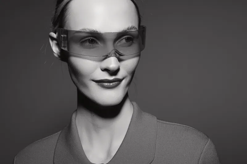 Portrait of a light skinned Caucasian woman wearing protective glasses with a subtle smile, studio lighting creates a modern mood.