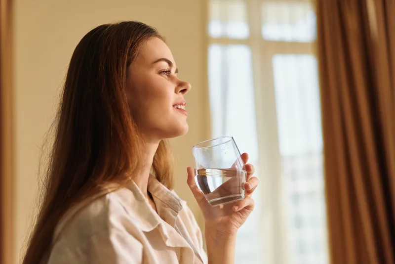 Woman holding a glass of water smiling by a sunlit window in a cozy interior, enjoying morning hydration, relaxation and home wellness routine, portrait lifestyle with natural soft light.
