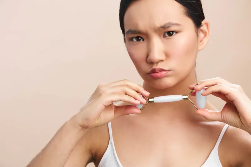 Asian woman demonstrates a skincare routine using a facial device in a clean home setting. She looks calm and focused, showcasing modern beauty practices and personal care.