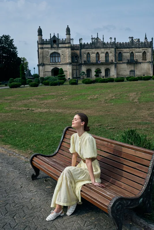 woman bench dress park authenticity inclusivity, relaxed woman sitting on bench in park wearing dress