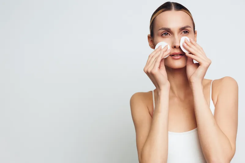 A woman uses cotton pads to wipe her face in a bright, minimal room, highlighting skincare, cleansing, makeup removal, and facial care as a calm routine, a focused, honest moment of selfcare and