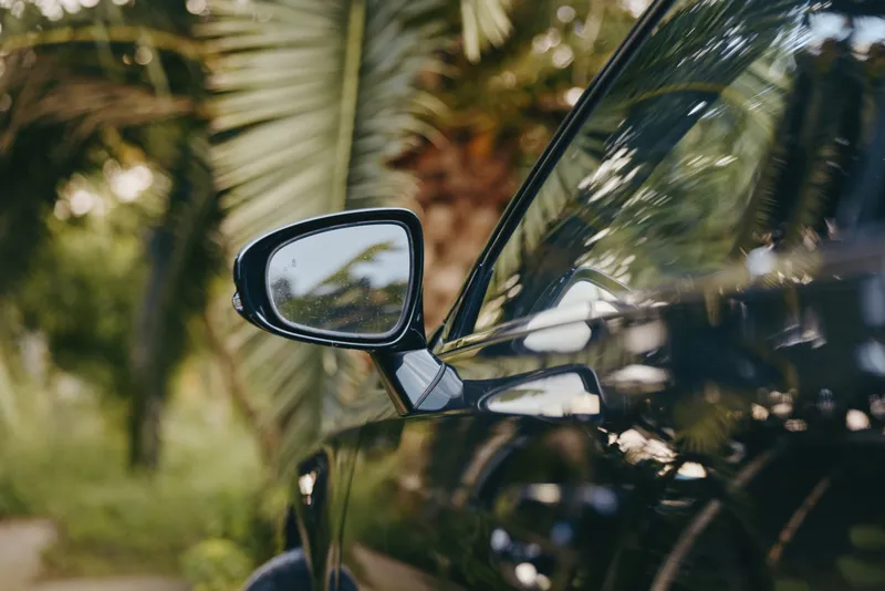 Car side mirror closeup with palm trees reflection on glossy black car door, outdoor tropical scene with sunlight, shallow depth of field and elegant automotive detail.
