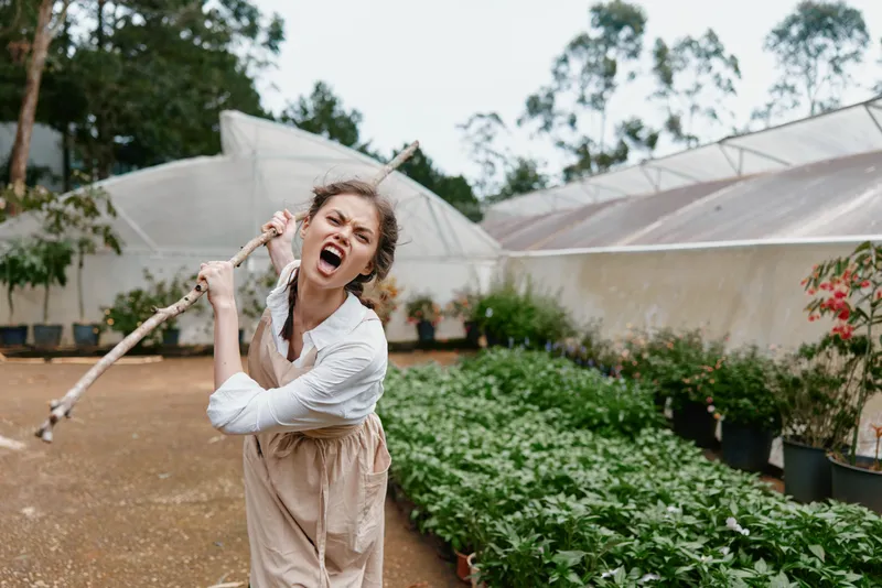 Angry woman in a garden fighting with a stick, wearing an apron and expressing frustration, surrounded by greenery and greenhouses, showcasing a challenging gardening experience