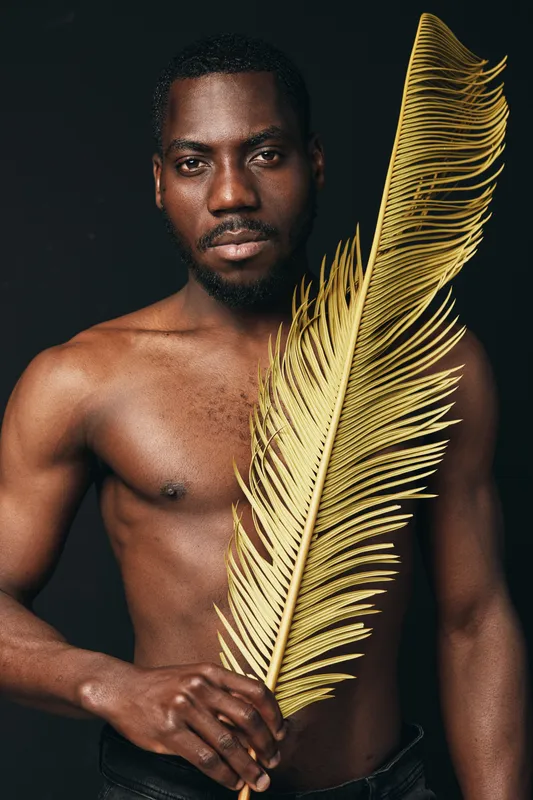 African man with dark skin and bare chest holding large golden palm leaf in creative visual design style on black background for artistic portrait concept.