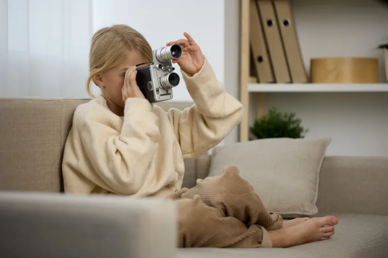 Young girl sits on a cozy couch indoors, peering through a vintage film camera with focus and curiosity, capturing a playful moment in a warm home.