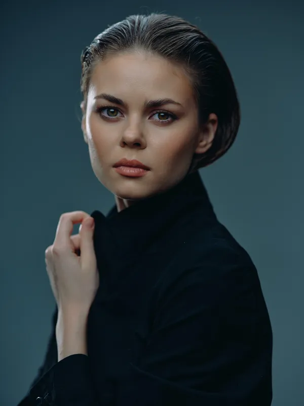 Serious woman in black turtleneck with wet hair in studio lighting