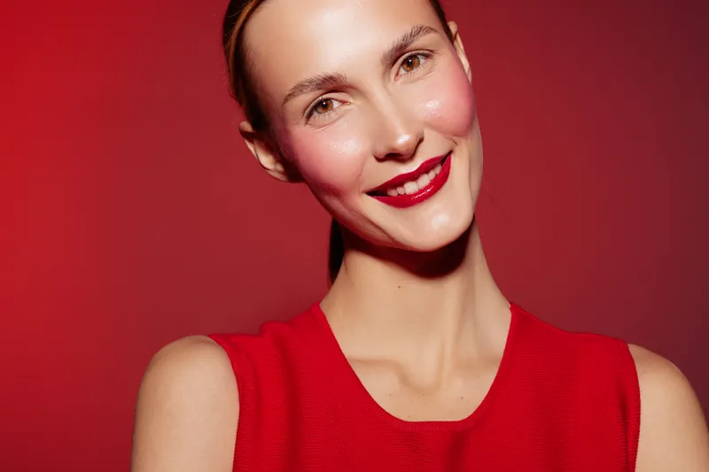 Smiling woman with red lipstick and red sleeveless top poses against red background. Close-up portrait with natural skin glow and confident expression. Concept of beauty and fashion.