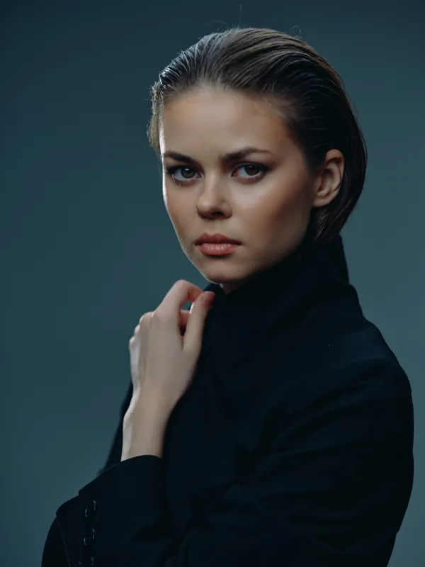 Serious woman with slicked-back hair wearing black turtleneck looking at camera with confident expression in studio setting.