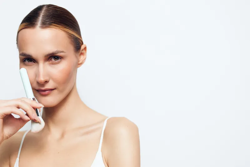 Young woman with clear skin uses white facial roller for skincare treatment holds beauty tool near face isolated on white background with calm and focused expression.
