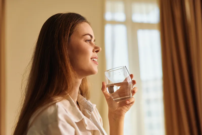 Woman holding a glass of water and smiling at a window in home morning routine, portrait of a young female drinking for hydration, calm wellness and natural sunlight.