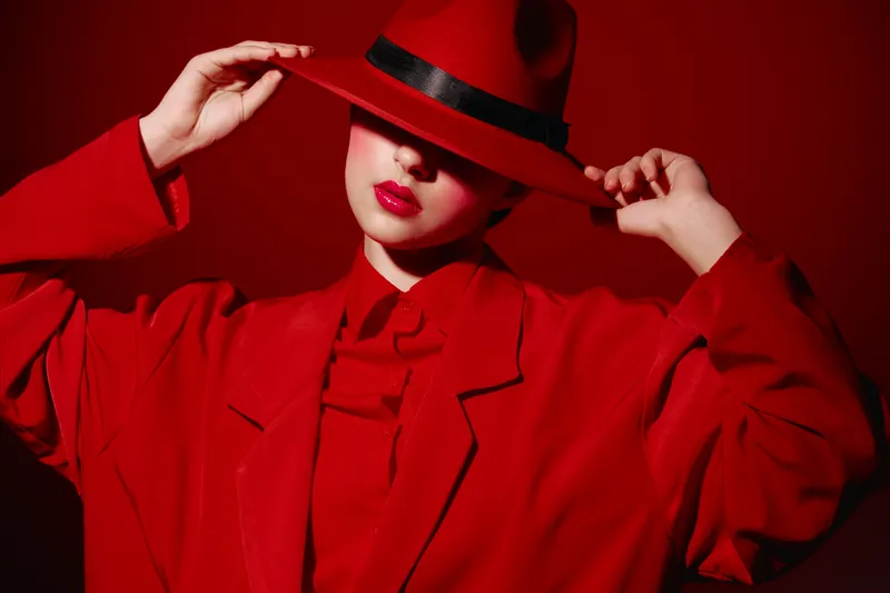 Stylish young woman in oversized red jacket and wide-brimmed hat partially covering her face, lips painted red. Dramatic fashion portrait with bold color contrast and creative concept.