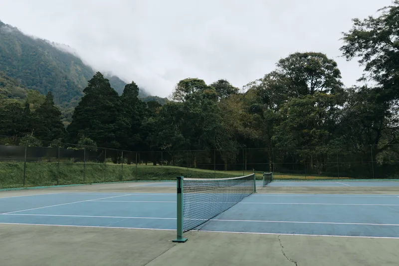 Empty tennis court surrounded by lush greenery and mountains, capturing a serene atmosphere perfect for sports enthusiasts seeking tranquility in nature